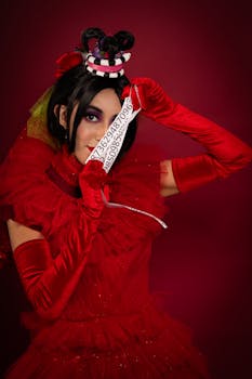 A cosplayer dressed as a gothic character in vibrant red costume holds a unique numeric ticket.