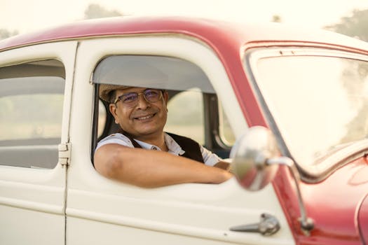 Cheerful man wearing a hat, enjoying a drive in a classic car.