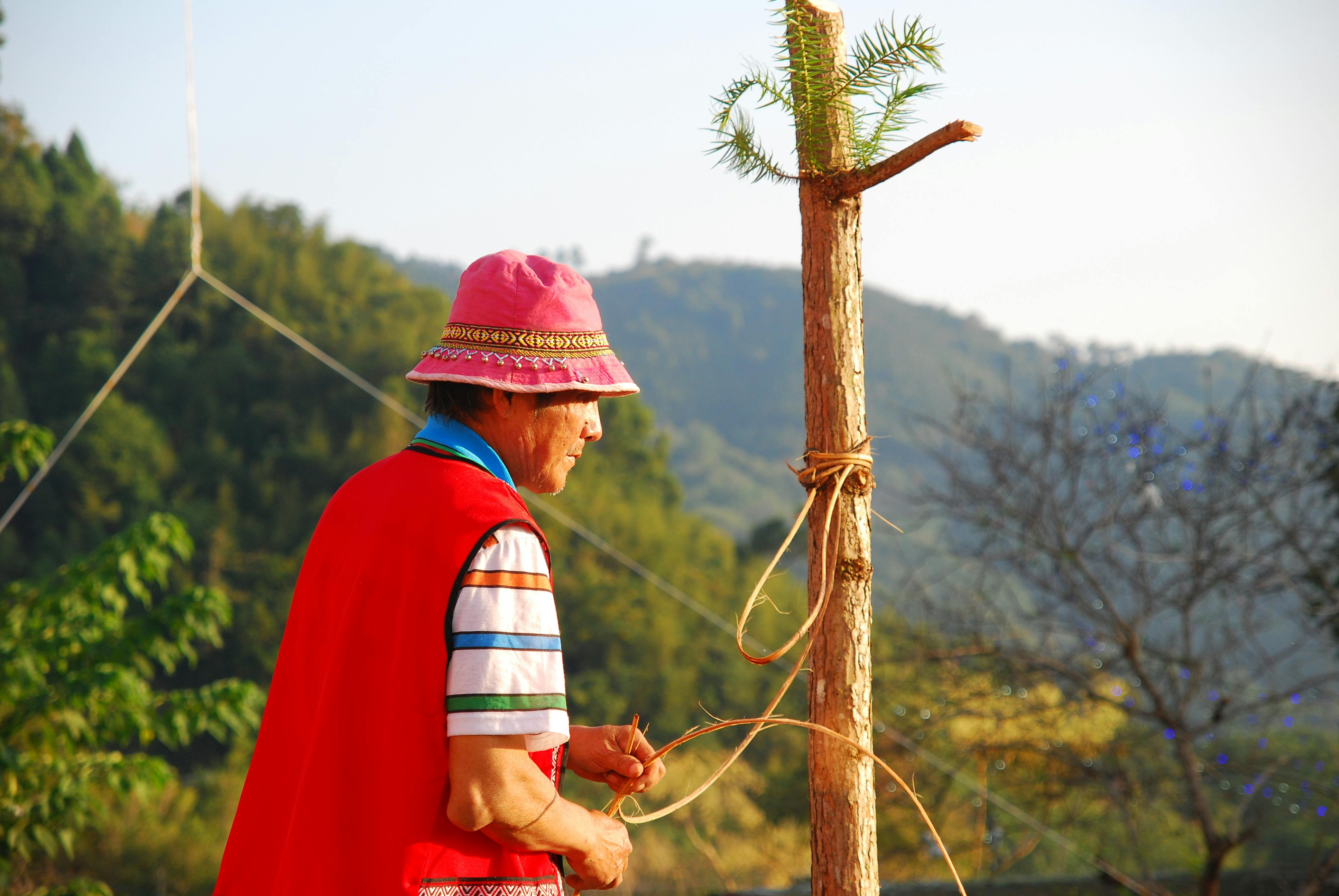 A man in colorful attire plants a tree in a picturesque mountain landscape.
