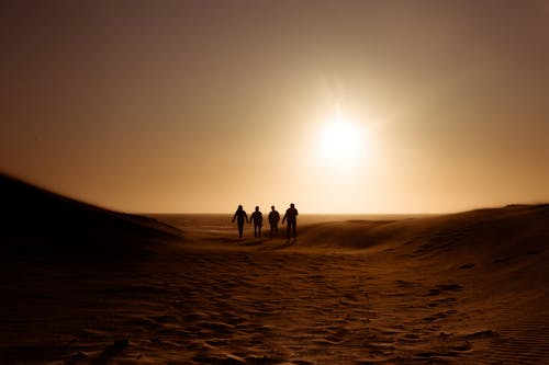 Silhouette Di Persone Che Camminano Sulla Duna Di Sabbia