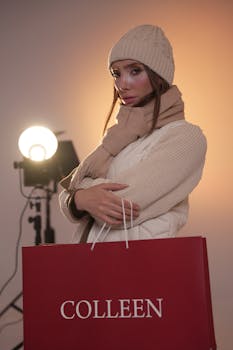 Woman holding a shopping bag in warm winter attire indoors, studio setting.