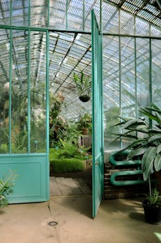Explore a vibrant greenhouse filled with lush plants in Paris, showcasing natural beauty.