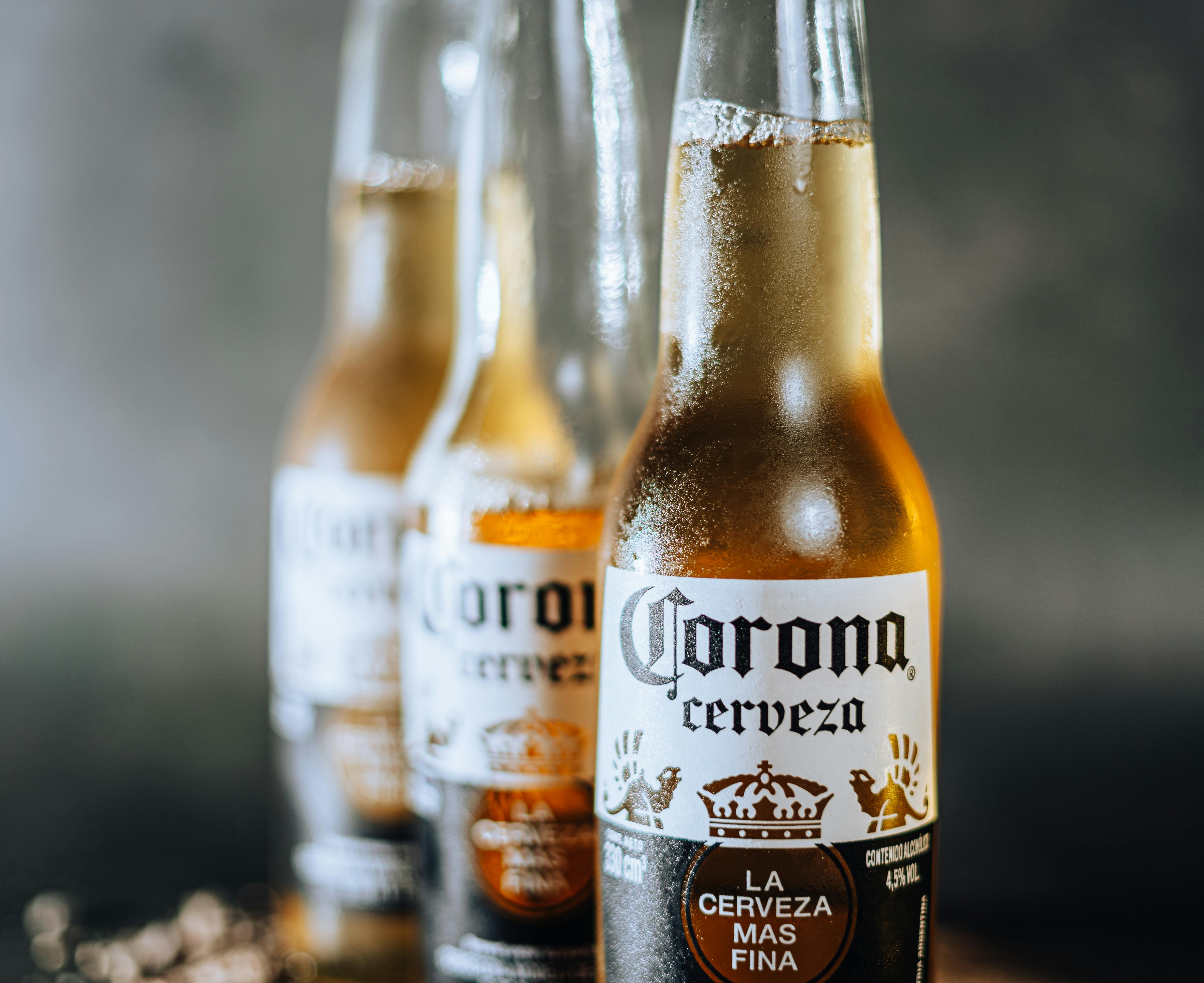 Close-up of frosty Corona beer bottles with condensation in soft lighting.