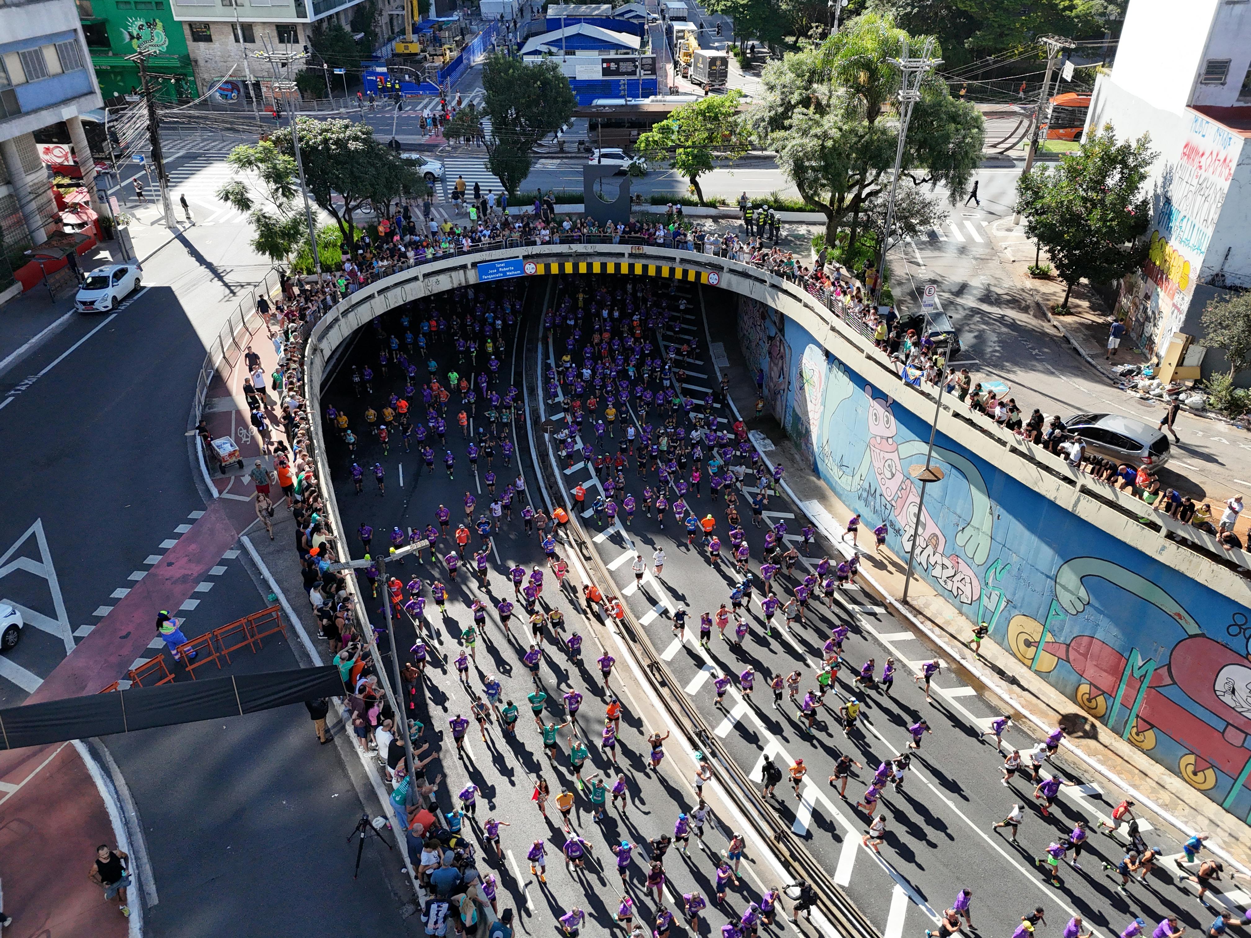 aerial view of marathon event in sao paulo tunnel