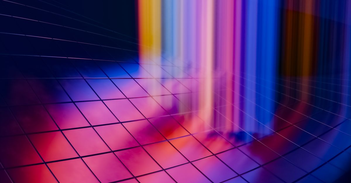 A colorful abstract digital artwork featuring vibrant light streaks on a grid pattern background.