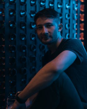 Ambient portrait of a man in a Buenos Aires bar with blue lighting.