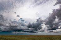 A breathtaking view of dark storm clouds looming over a vast green grassland in Miami, Florida.