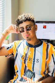 年轻人在室内自信地摆姿势，戴着太阳镜，手持智能手机，展示时尚