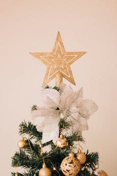 A beautifully decorated Christmas tree with a gold star topper and ornaments, captured indoors during daytime.