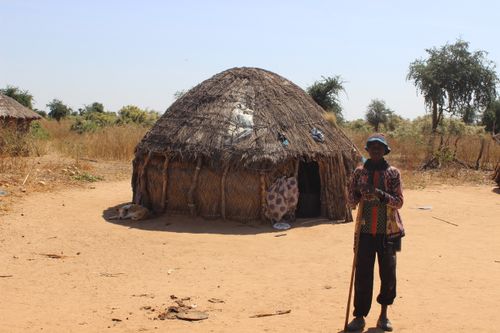 Free A rural scene depicting a traditional straw hut and a local villager standing outside in the African countryside. Stock Photo