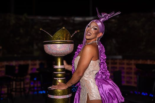 A vibrant performer in a purple outfit poses with a sparkling trophy during a night event.