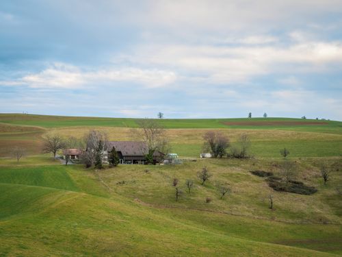 Free Peaceful rural scene featuring a farmhouse amidst rolling green hills under a cloudy sky. Stock Photo