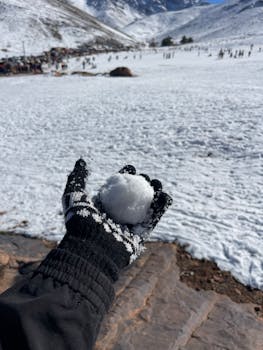 A gloved hand holding a snowball against a backdrop of snow-covered mountains.