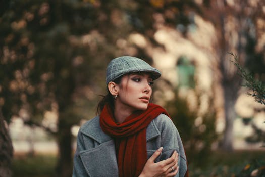 Stylish woman wearing a vintage cap and scarf outdoors in autumn.