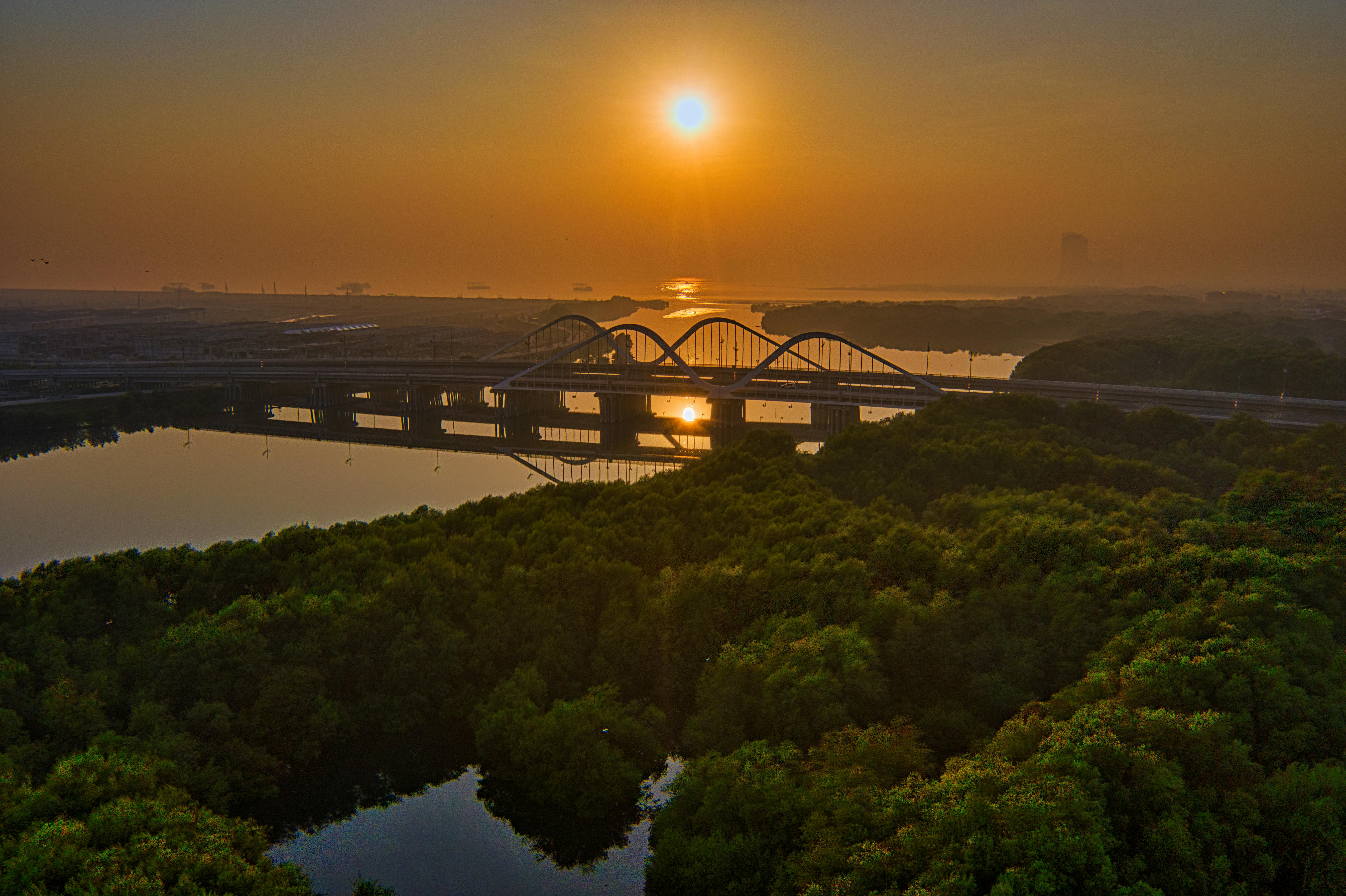 日落时分，从空中俯瞰雅加达的一座桥梁，水面倒影与四周郁郁葱葱的绿色植物构成了一幅令人惊叹的画面