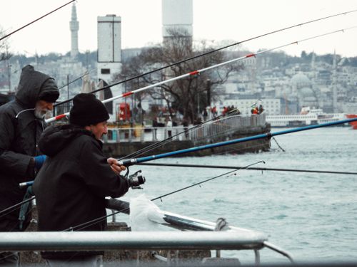 Free Two fishermen casting lines at the Bosphorus, Istanbul with cityscape in the background. Stock Photo