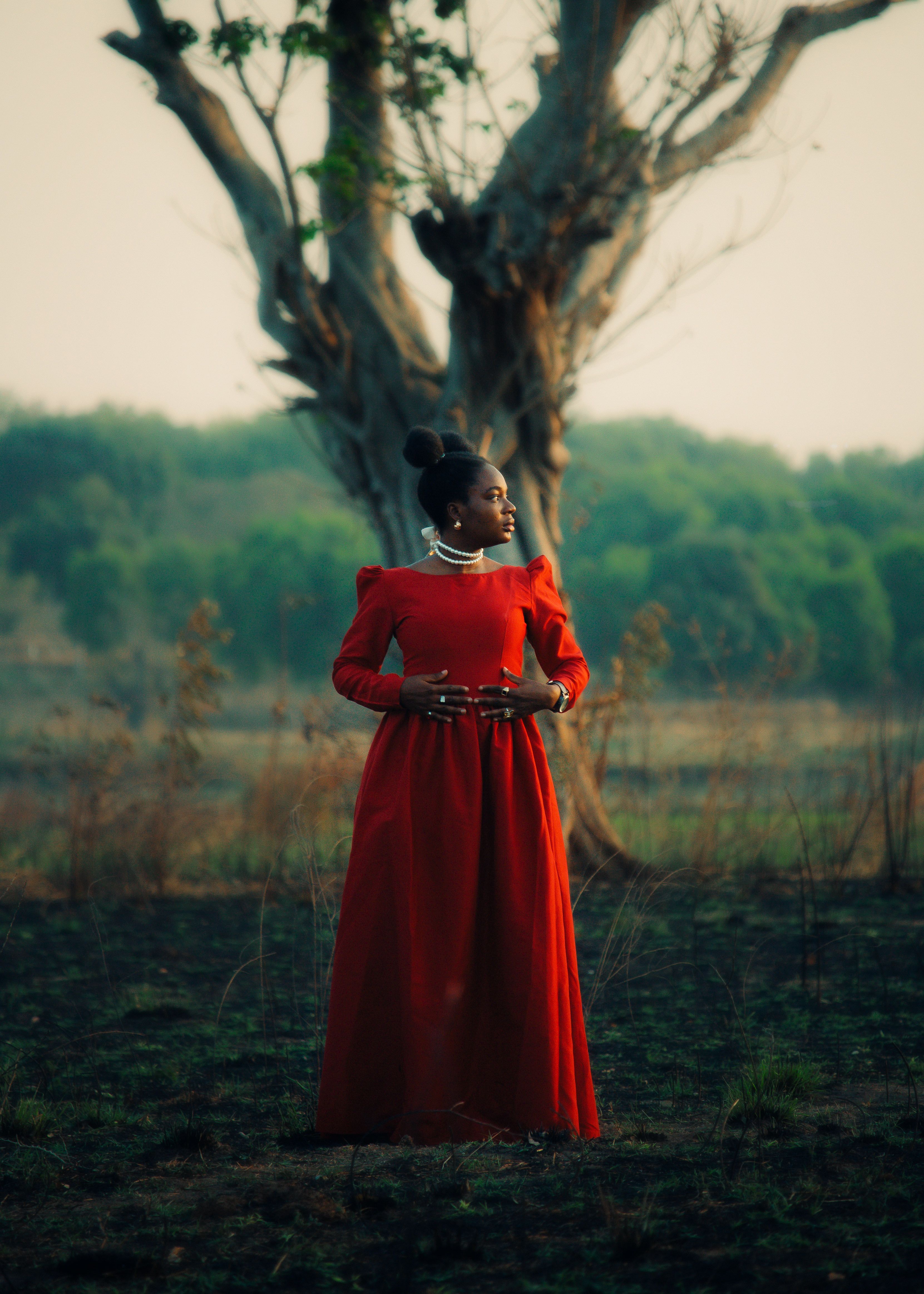 Elegant Woman in Red Dress in Natural Setting · Free Stock Photo
