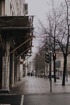 A tranquil urban scene in Frankfurt, Germany, featuring empty sidewalks and leafless trees during a winter morning.