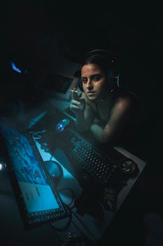 Intense gaming session with a female gamer at her setup during night time.