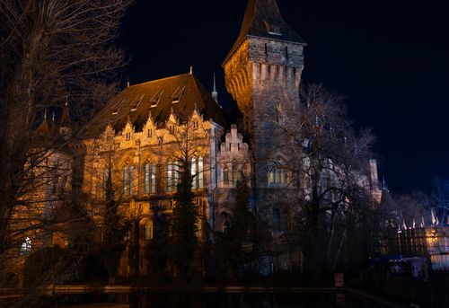 Free Dramatic view of Vajdahunyad Castle illuminated at night, capturing the Gothic Revival architecture. Stock Photo