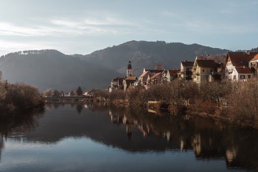 Idyllic view of Frohnleiten village reflecting on the river with mountainous backdrop.
