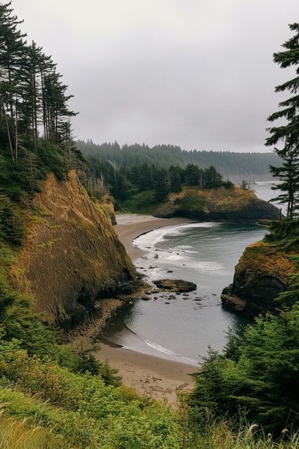 A picturesque coastal view showcasing cliffs and lush evergreen trees under a cloudy sky.