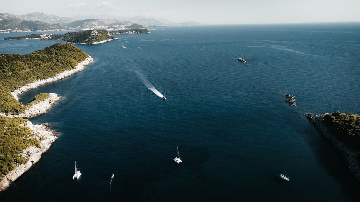 Aerial view of sailboats and lush islands near Lopud in the Adriatic Sea