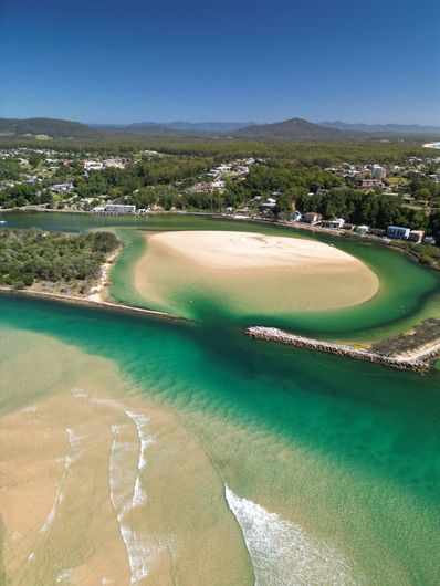 Aerial photograph of the Noosa Heads river mouth and surrounding coastal development