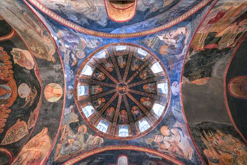 Free Detailed ceiling artwork in Kariye Camii, Istanbul, showcasing vibrant religious frescoes. Stock Photo