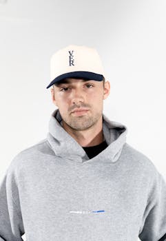 Casual portrait of a young man in a grey hoodie and white baseball cap.