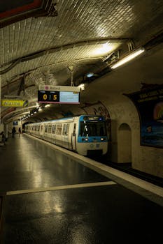 Moody nighttime view of a Paris metro station with a train arriving, showcasing classic architecture.