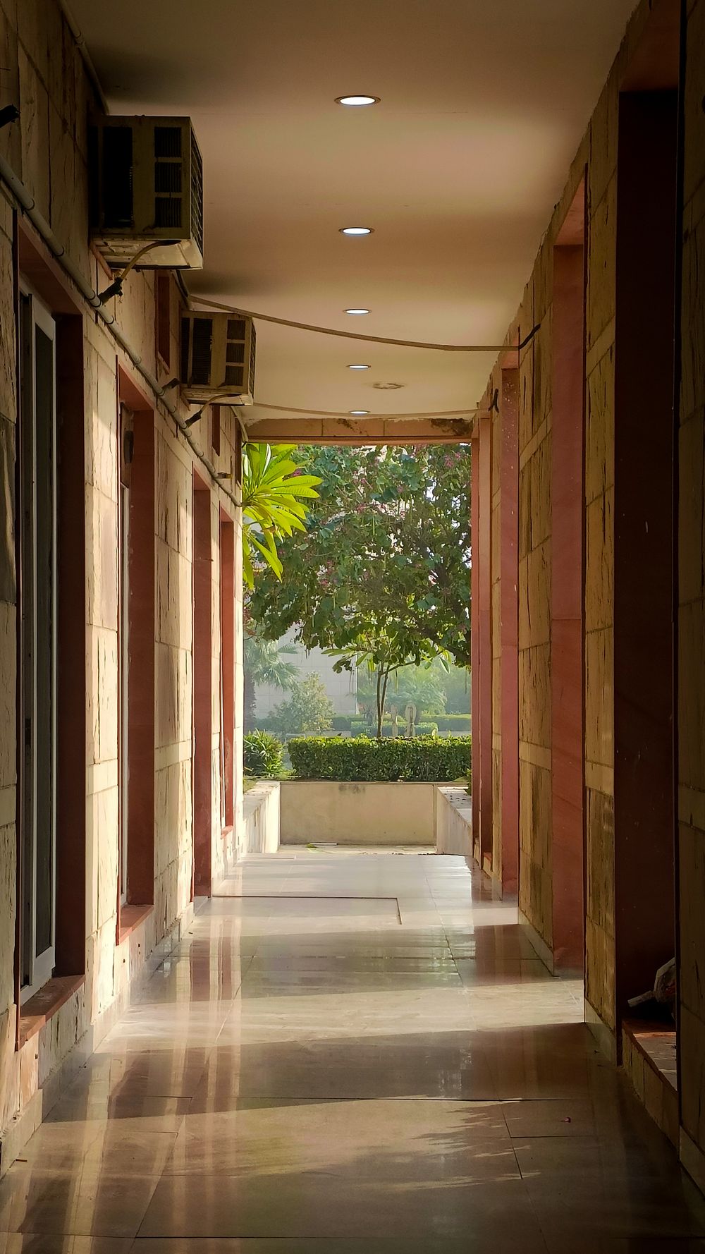A sunlit academic corridor on a modern campus