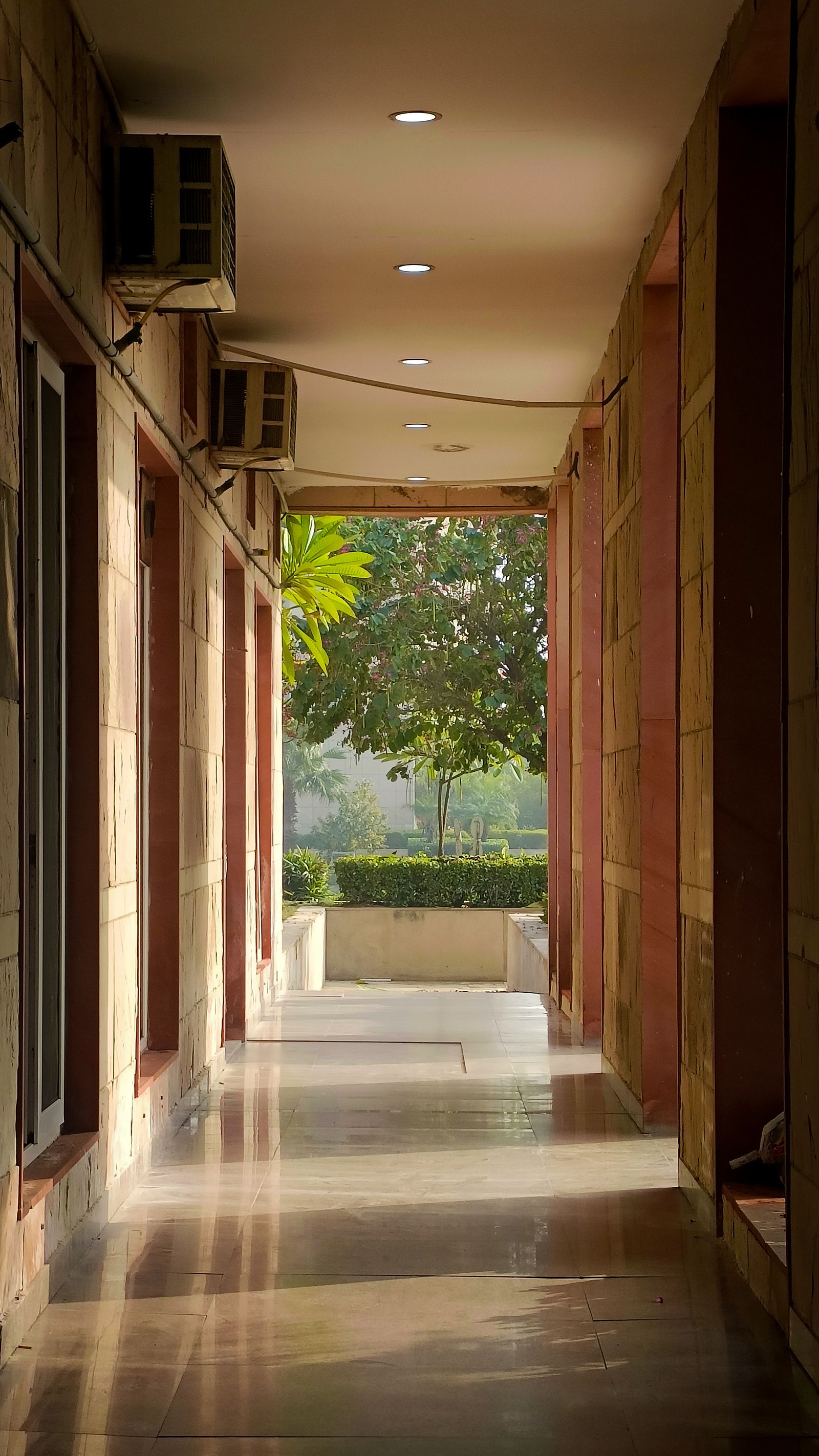 A sunlit academic corridor on a modern campus