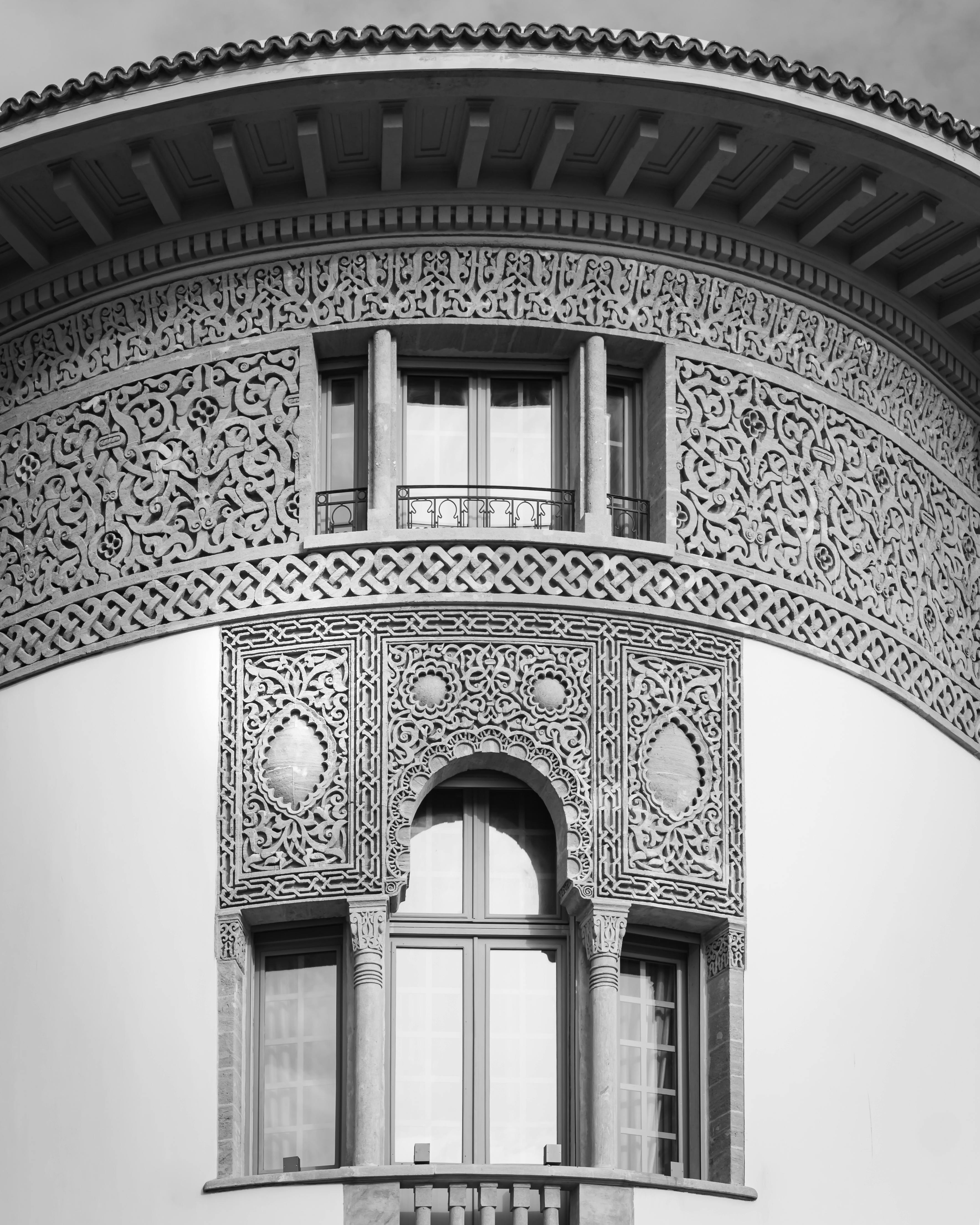 Detailed view of Moroccan ornamental facade in Rabat, showcasing Islamic art.