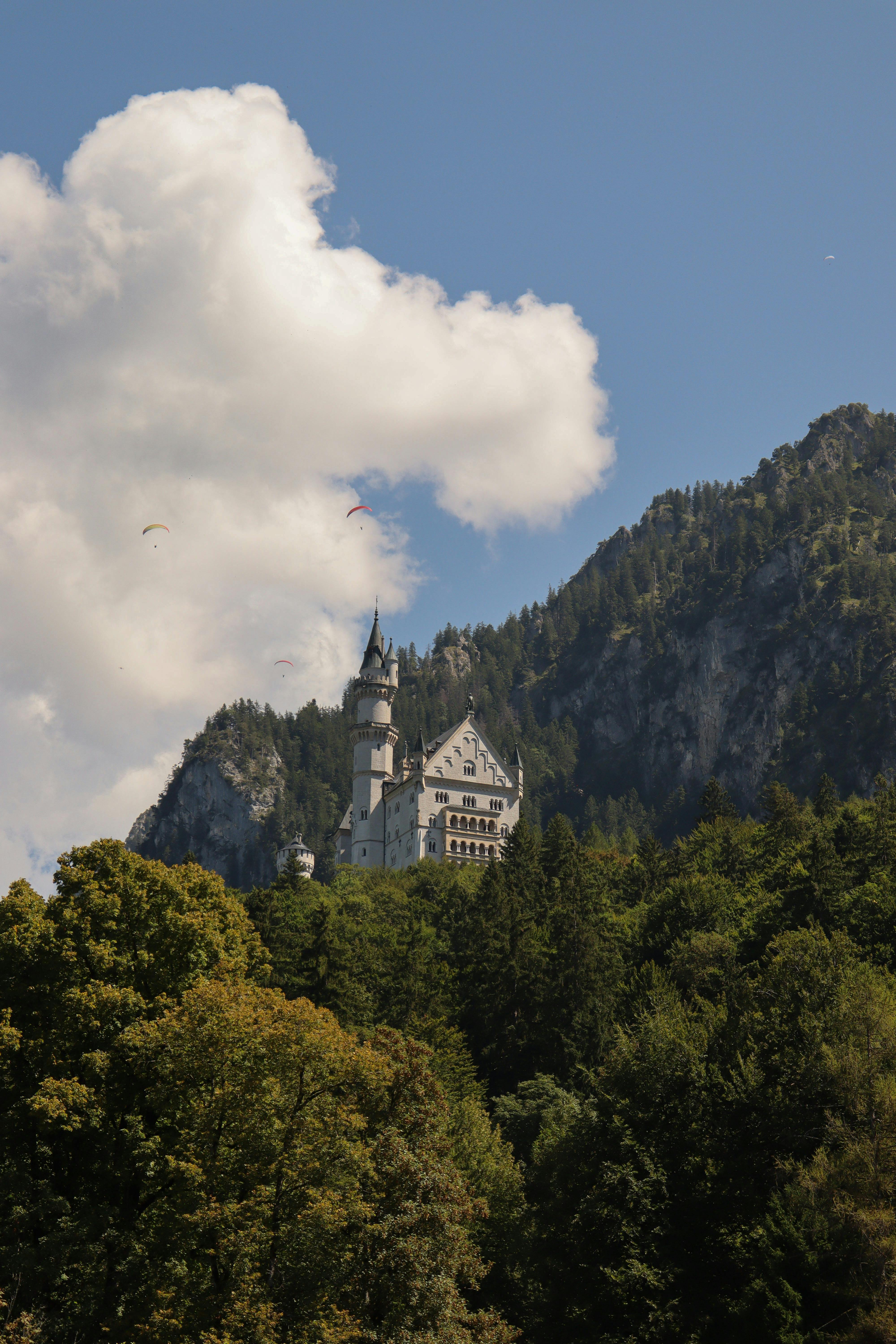 Scenic view of Neuschwanstein Castle surrounded by lush forests and mountains under a clear sky.