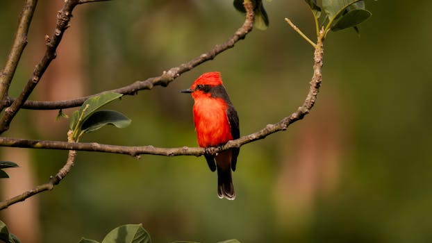 A striking Vermilion Flycatcher perched on a branch in Cali, Colombia.