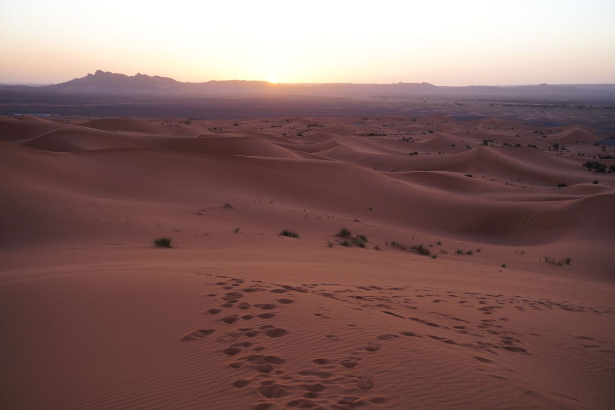 Sunrise over Merzouga sand dunes Sahara Morocco