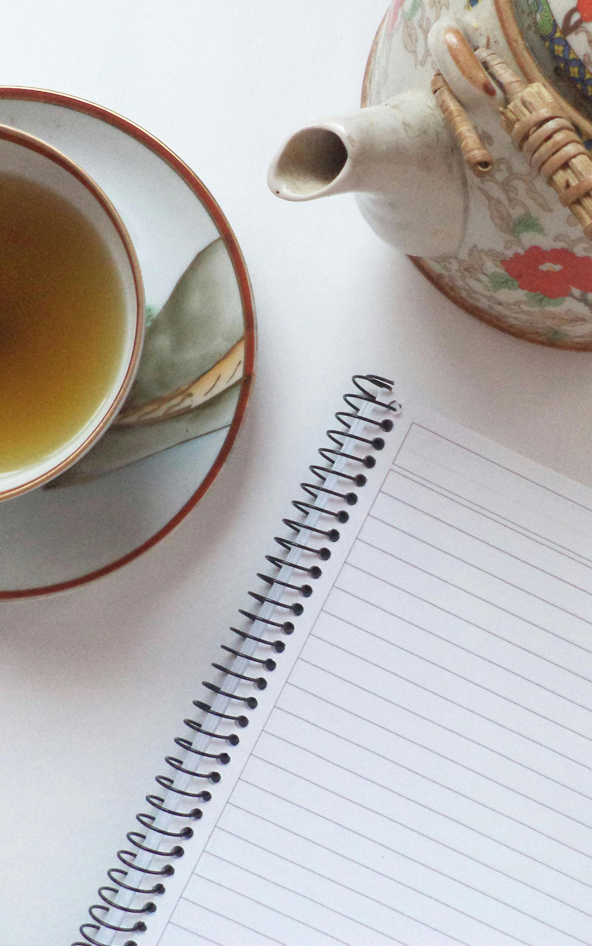 Tea and notebook flat lay for journaling