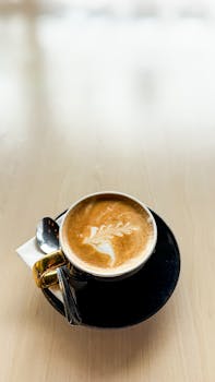 A beautifully crafted latte with artistic foam served in a black cup on a table.