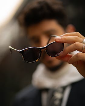 Stylish man holding sunglasses with blurred background, emphasizing fashion accessories.