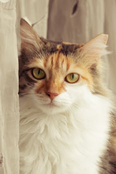 A serene portrait of a fluffy calico cat with green eyes indoors.
