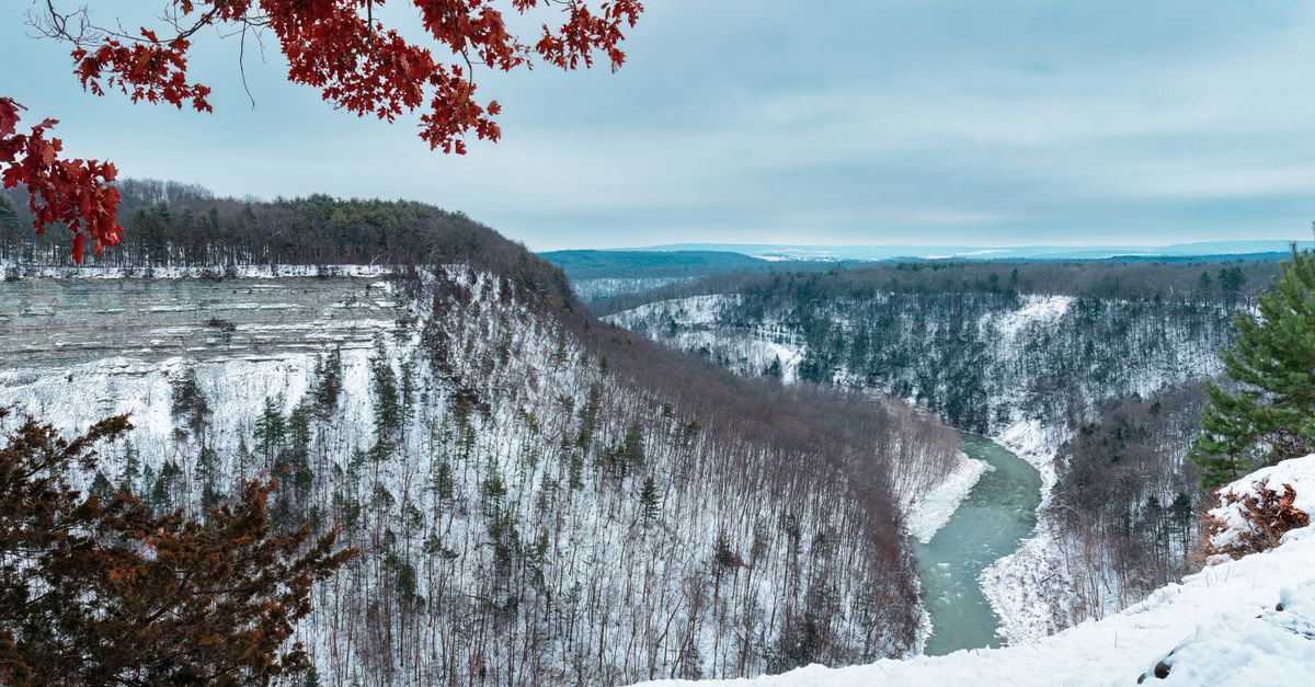 Breathtaking winter landscape of the Genesee River canyon in Letchworth State Park, New York.