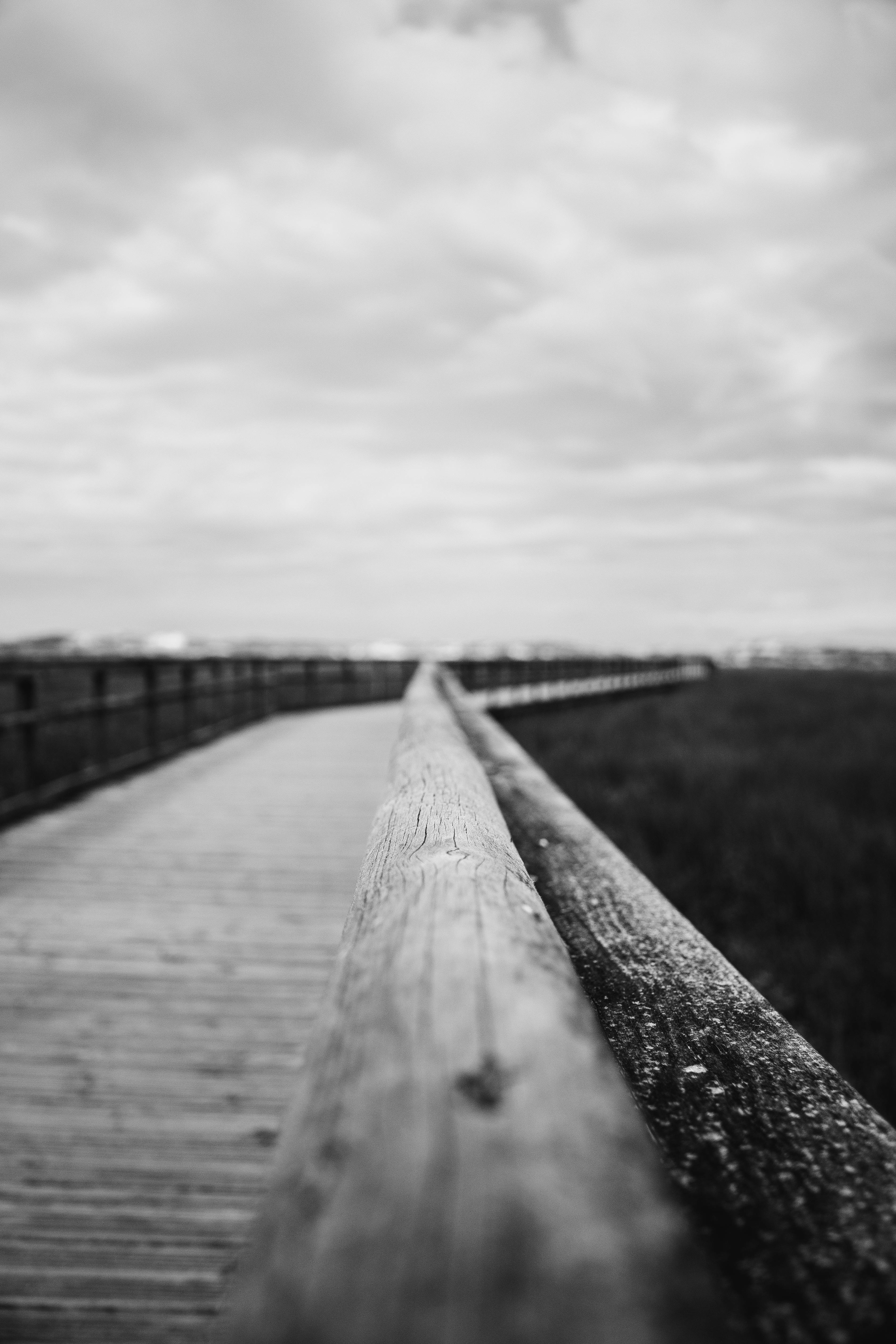 grayscale photography of a wooden bridge
