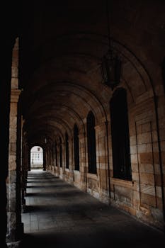 一座历史建筑内，戏剧性的拱形走廊展示了哥特式建筑风格