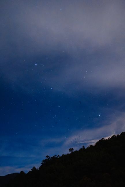 A serene view of a starry night sky with clouds over a Malaysian landscape.