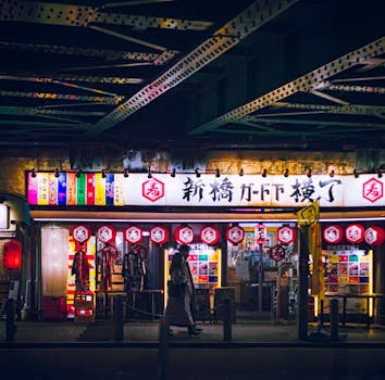 A colorful Tokyo street scene under the bridge at nighttime with vibrant signage.