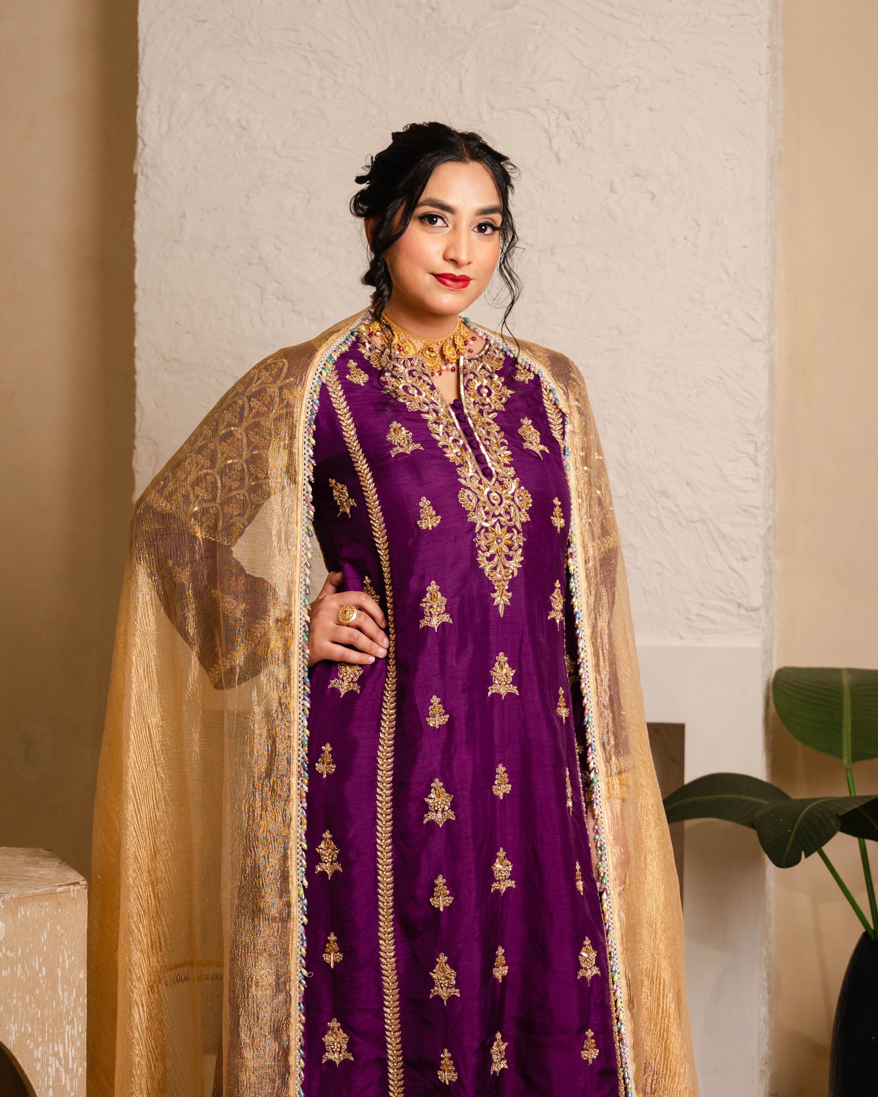 Portrait of a woman in rich Indian attire, showcasing cultural elegance.