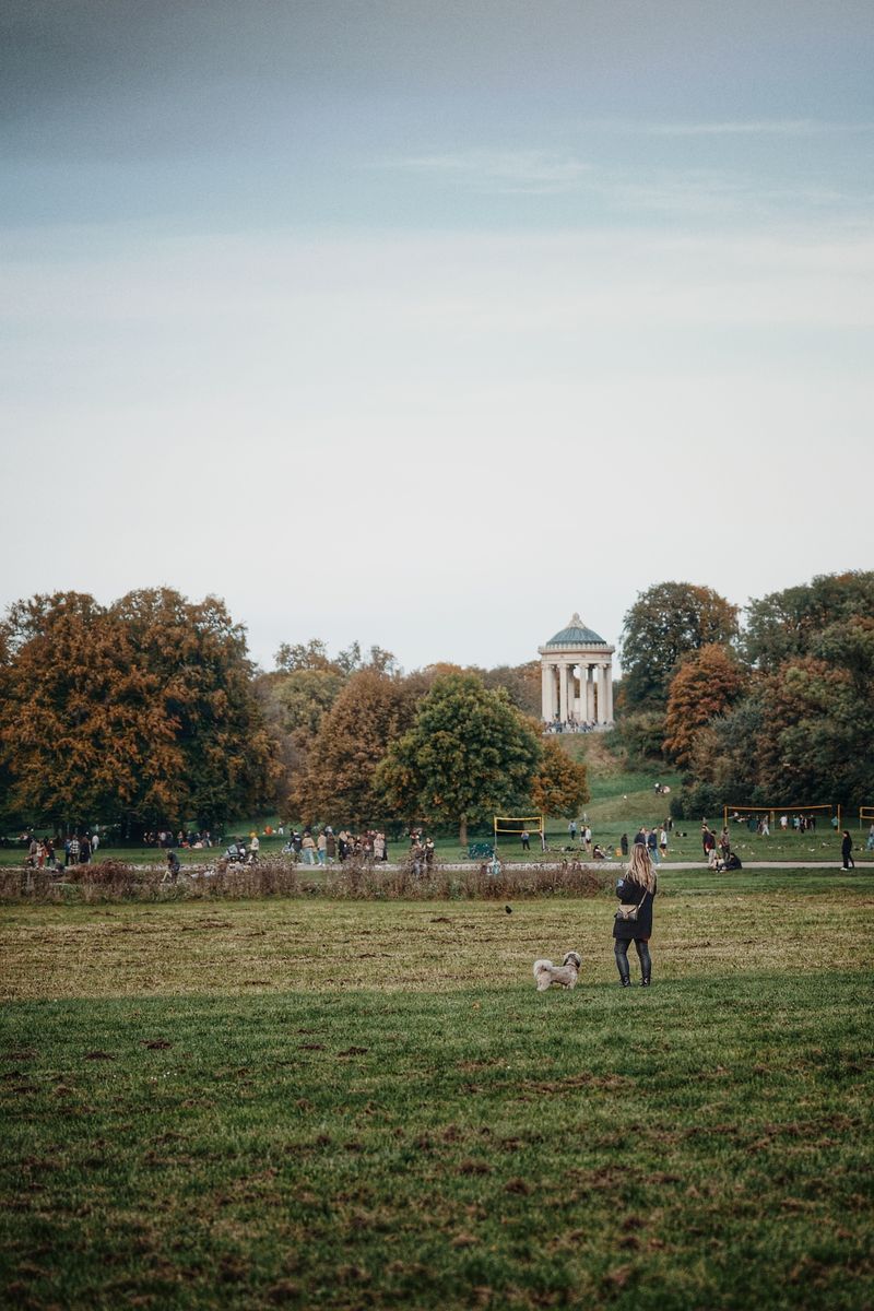 People relaxing on the lawns of Munich's Englischer Garten near the Monopteros