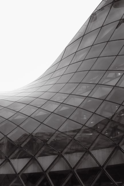 Black and white photo of modern architecture in Malmö, Sweden.