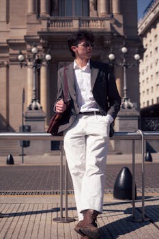 Elegant young man in fashionable attire leans against a railing in downtown Buenos Aires.